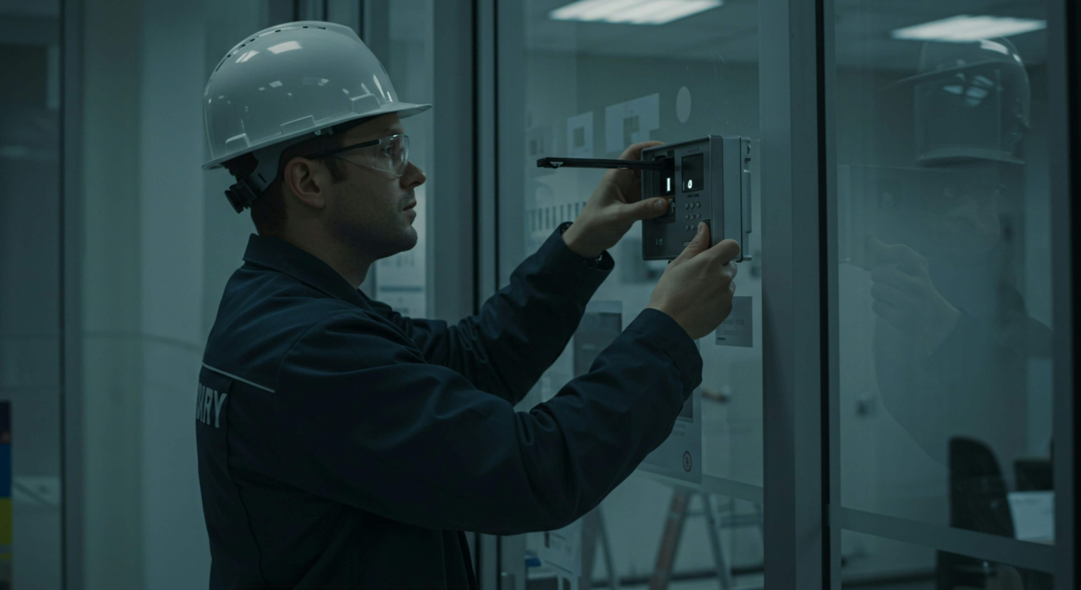 Technician wearing a hard hat and safety glasses installing or configuring a wall-mounted electronic access control keypad in a modern office with glass partitions