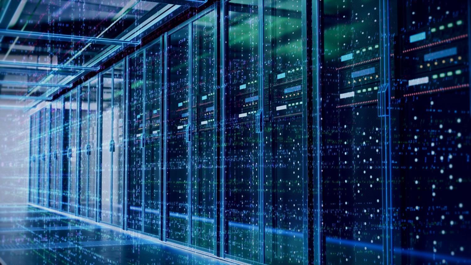 A high-tech data center with AI-driven automation, featuring modern server racks and digital processing infrastructure.