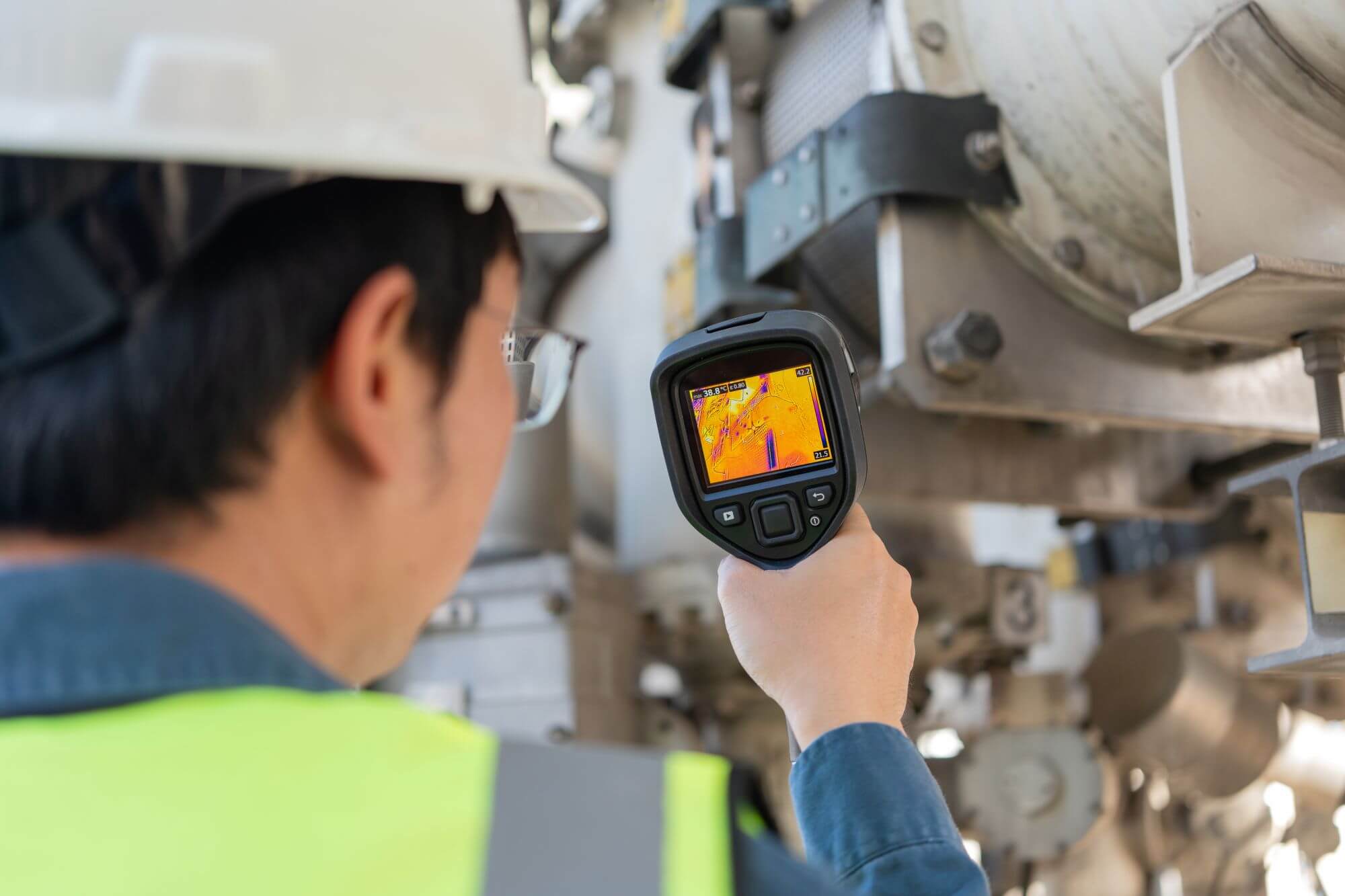 Technician in safety gear using a thermal imaging camera to perform asset condition assessment on industrial equipment, identifying heat patterns and potential issues