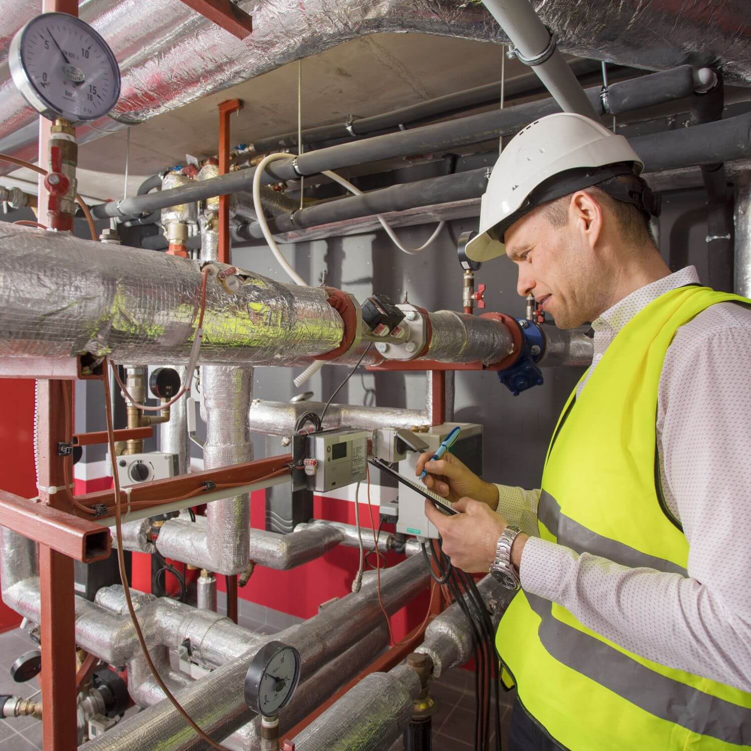 A commissioning engineer inspects and documents readings from instrumented piping and control equipment