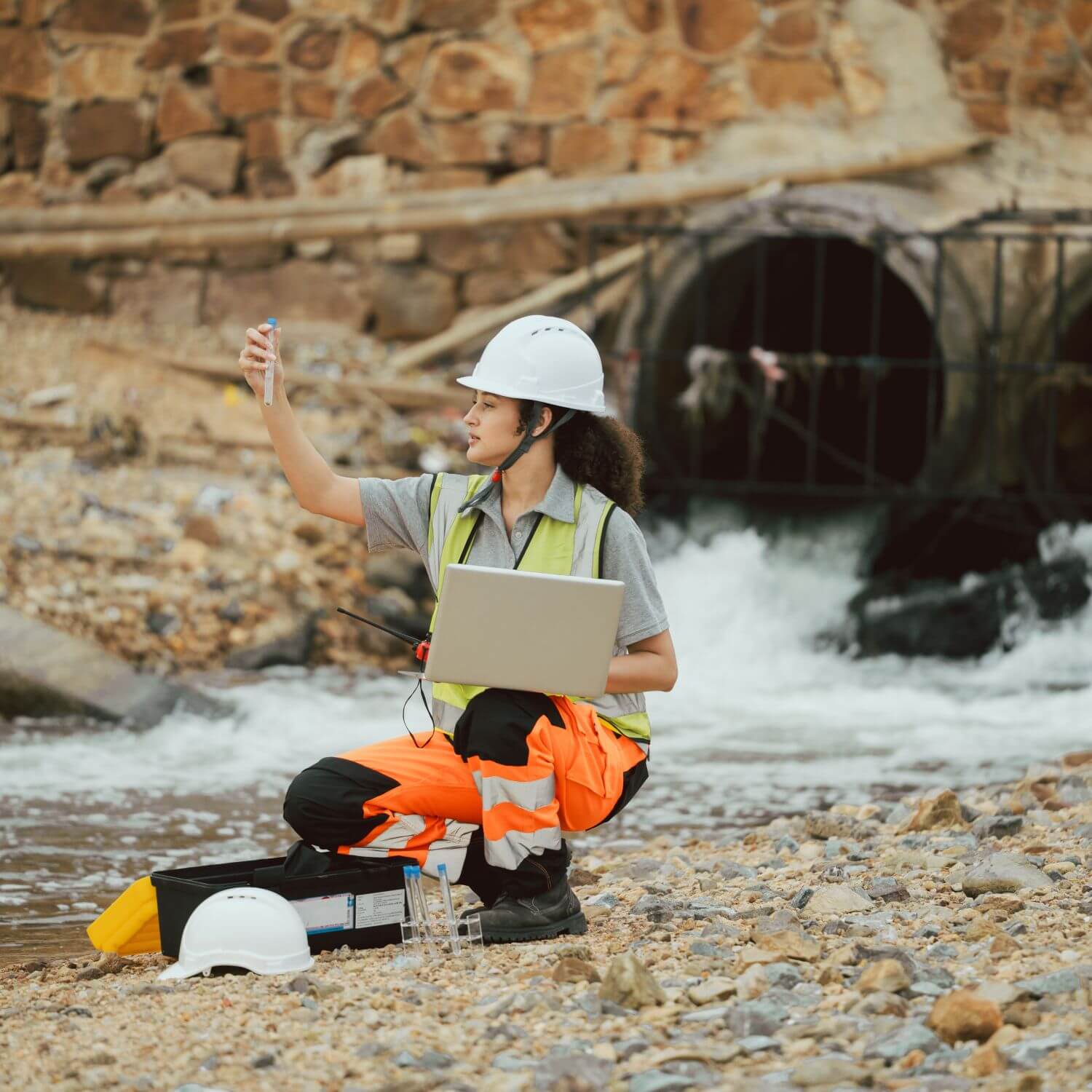 A female water resources engineering professional uses a laptop while inspecting industrial water drainage