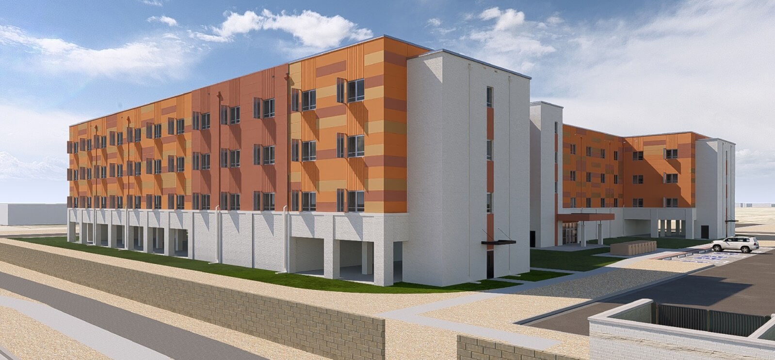 A 3D rendering of the Pipeline Dormitory at Kirtland Air Force Base, New Mexico