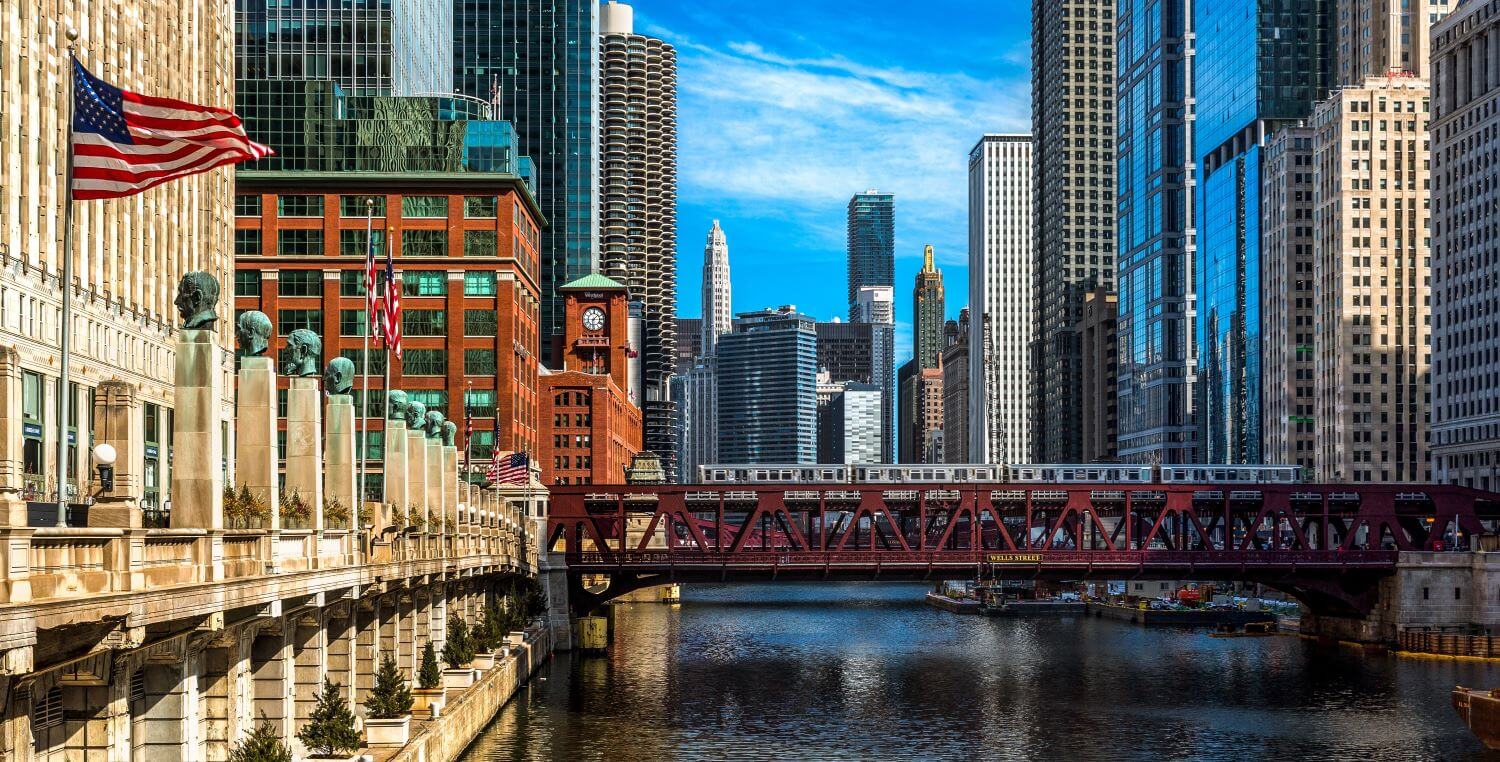 A view of downtown Chicago Illinois, featuring the Wells Street Bridge A view of downtown Chicago Illinois, featuring the Wells Street Bridge