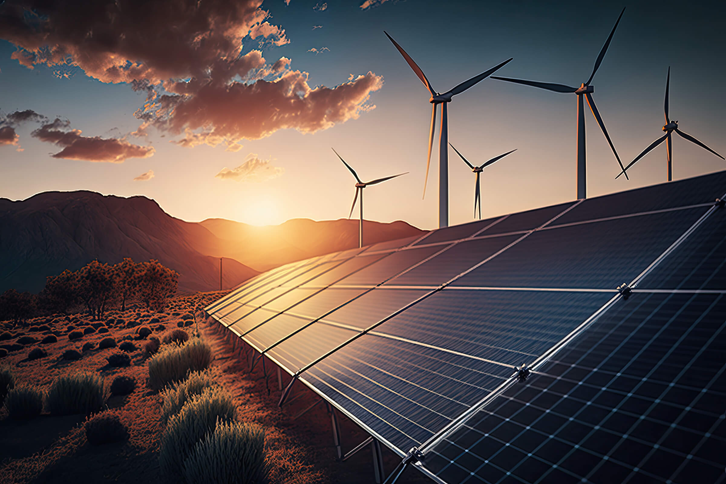 Image of solar panels and windmills in a desert area at sundown